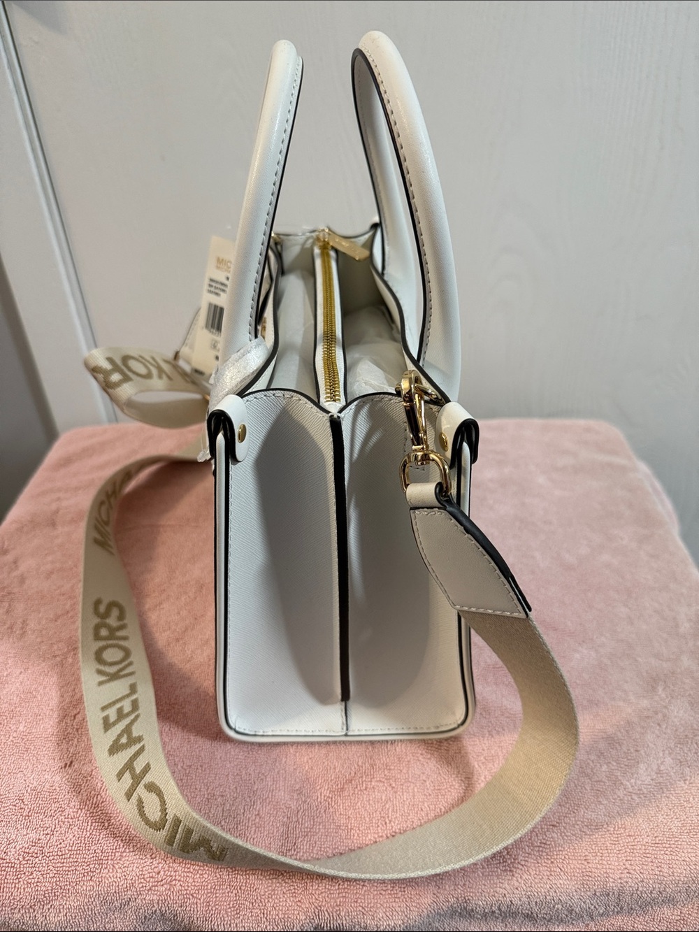 Michael Kors White Saffiano Leather Satchel with Gold Hardware and Logo Strap - Picture 4 of 4